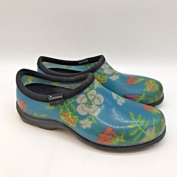 Sloggers Floral Blue Women's 8 Clogs Mules Waterproof Slip On Garden Rain Shoes - Picture 1 of 10